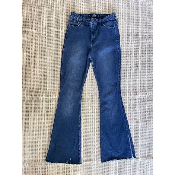 Hollister Womens High Rise Flare Jeans 5R Dark Wash Raw Hem Stretch Y2K Trendy - Picture 1 of 4